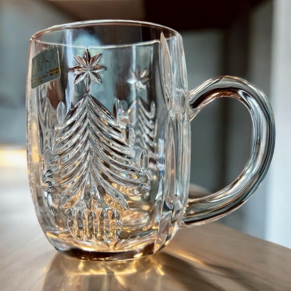 Vintage MIKASA Crystal Mug Holiday Christmas Trees Heavy Cut Drinkware Glass